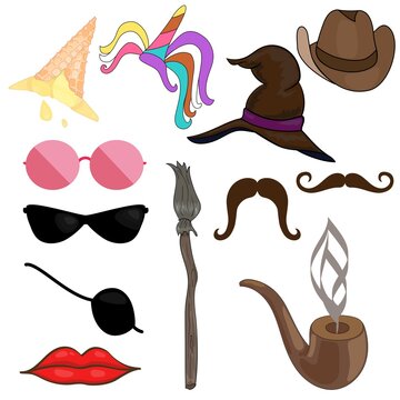 Masks for telegram, cowboy hat, witch hat, sun glasses, mustaches, smoke, unicorn, red lips