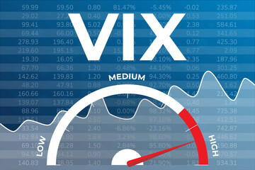 Volatility index VIX graph on blue finance background with numbers, indicator, text
