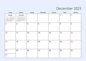 Wall calendar planner for December 2023. English language, week starts from Sunday.