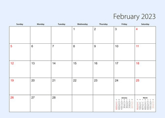 Wall calendar planner for February 2023. English language, week starts from Sunday.
