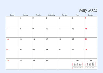 Wall calendar planner for May 2023. English language, week starts from Sunday.
