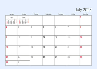 Wall calendar planner for July 2023. English language, week starts from Sunday.