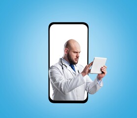 Male doctor with notepad on blank screen of big phone. Medical service