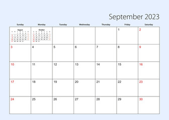 Wall calendar planner for September 2023. English language, week starts from Sunday.