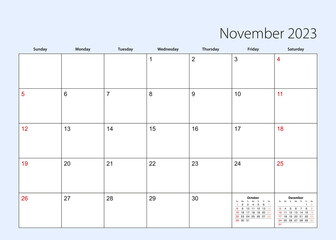 Wall calendar planner for November 2023. English language, week starts from Sunday.