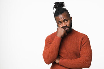 Bored tired exhausted sad frustrated african-american young man looking at camera feeling negative emotions depression isolated in white background