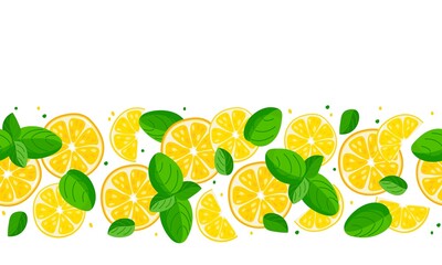 Seamless fruit pattern. Citrus fruits with leaves border on white background. Flat vector repeated isolated illustration For cafe menu, pack design, print design, poster, web banner