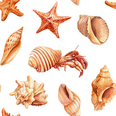 Seamless pattern with starfish, crab, shells. Nautical background for wallpaper. Watercolor illustration