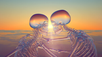 3d illustration of two translucent skeletons at sunset