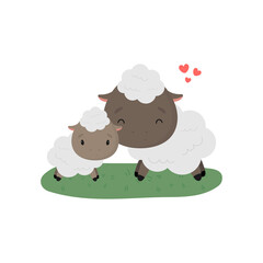 Cute Sheep with baby. Cartoon style. Vector illustration. For kids stuff, card, posters, banners, children books, printing on the pack, printing on clothes, fabric, wallpaper, textile or dishes.