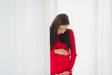 Portrait of pregnant woman holding her belly with smile and happiness.