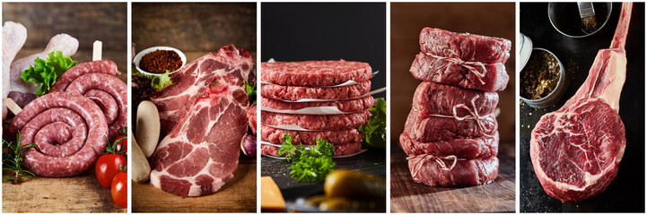 Collage of raw meat in kitchen