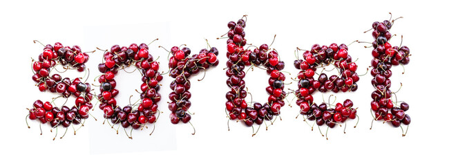 Sorbet - a sweet inscription from the berries of ripe cherries in English. Isolate on a white background, ready-made inscription for design and layout. Great gift and tasty treat