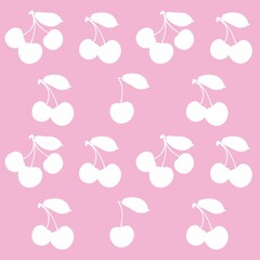 Print with a white cherry on a pink background. Appetizing cherries and sweet cherries. Vector pink background with white cherries.
