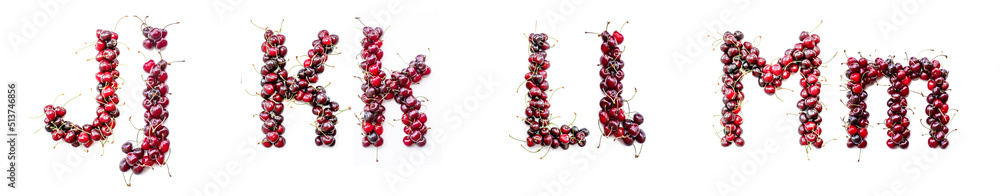 Poster Cherry alphabet. Real berries in the form of letters, numbers and signs. Set for the designer to type any text. Uppercase and Lower case