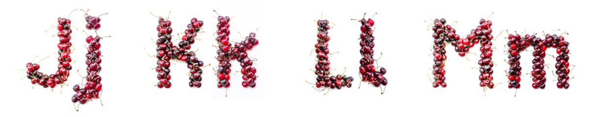 Cherry alphabet. Real berries in the form of letters, numbers and signs. Set for the designer to type any text. Uppercase and Lower case