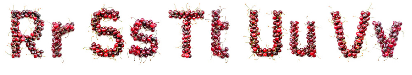 Cherry alphabet. Real berries in the form of letters, numbers and signs. Set for the designer to type any text. Uppercase and Lower case
