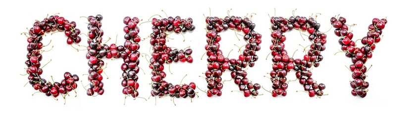 Cherry - a sweet inscription from the berries of ripe cherries in English. Isolate on a white background, ready-made inscription for design and layout. Great gift and tasty treat