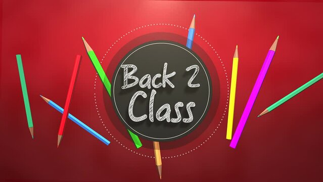 Back 2 Class with kids colorful pencils on red table, motion school and kids style background