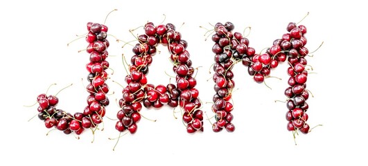 Jam - a sweet inscription from the berries of ripe cherries in English. Isolate on a white background, ready-made inscription for design and layout. Great gift and tasty treat