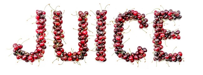 Juice - a sweet inscription from the berries of ripe cherries in English. Isolate on a white background, ready-made inscription for design and layout. Great gift and tasty treat