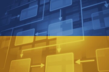 Binary code pattern on colors of flag of Ukraine background computer cyber technology concept.