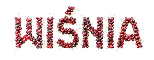 Sweet cherry - a sweet inscription from the berries of ripe cherries in Polish: wisnia. Isolate on a white background, ready-made inscription for design and layout. Great gift and tasty treat