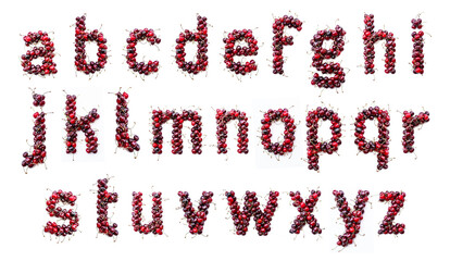 Cherry alphabet. Real berries in the form of letters, numbers and signs. Set for the designer to type any text. Lower case