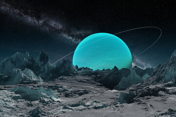 Fototapeta na wymiar Planet Uranus from frozen satellite