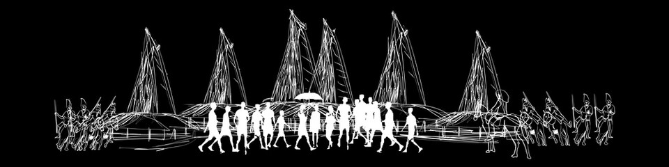 Traditional house of Sumba and tourists vector illustration