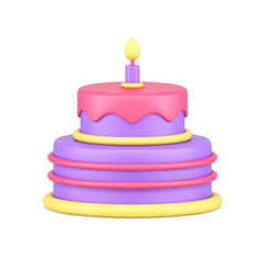 Birthday cake candy melting glaze with one burning candle anniversary celebration 3d icon vector