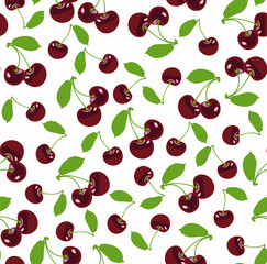 Seamless vector appetizing pattern with cherries. Realistic vector cherries. Summer background. Ingredients for salad, cocktail, dessert.
