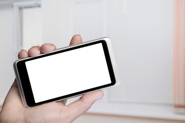 Hand holding Phone with black screen. Streaming movies and TV series.