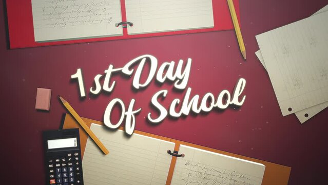 1st Day Of School with pencils and paper note on table, motion school and kids style background
