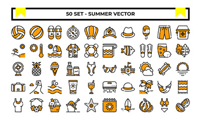 Summer icon set or logo illustration vector graphic with beach, sun, ball, sunglasses, etc. Perfect use for ui, website, pattern, design, etc.
