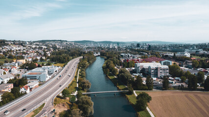 Drone view over the river and fields in the city of Zurich, Switzerland