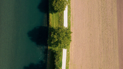Drone view over the river and fields in the city of Zurich, Switzerland