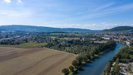 Drone view over the river and fields in the city of Zurich, Switzerland