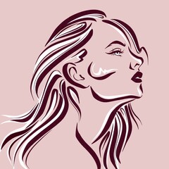Beautiful woman on the pink background is looking away. Simple line-art of an attractive lady.