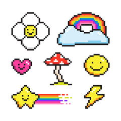 Vector set of cute pixel art icons. Flower, rainbow, heart, mushroom, smile, star and lightning geek elements in 90s games style. Old school graphic groovy elements