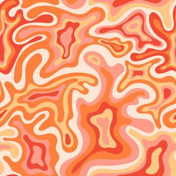 Abstract seamless swirl pattern. 60s, 70s style groovy background with waves and blobs. Psychedelic hippie texture