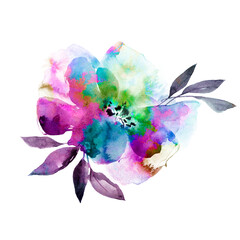 Single colorful flower. Rainbow watercolor flower on white background. Floral decor for greeting, birthday card decor. Wedding invitation decoration. Flower in LGBT colors.