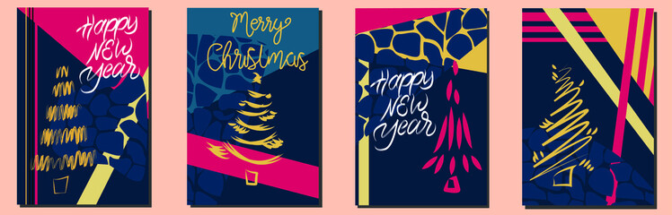 Set of Christmas and New Year cards. Holiday invitations and congratulations.