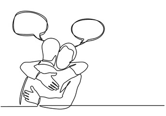 Continuous one line drawing of a man hugging. Two men hug each other with speech bubbles. Happy Friends or Family meet with hugs and talk chat with speech bubbles in doodle style.