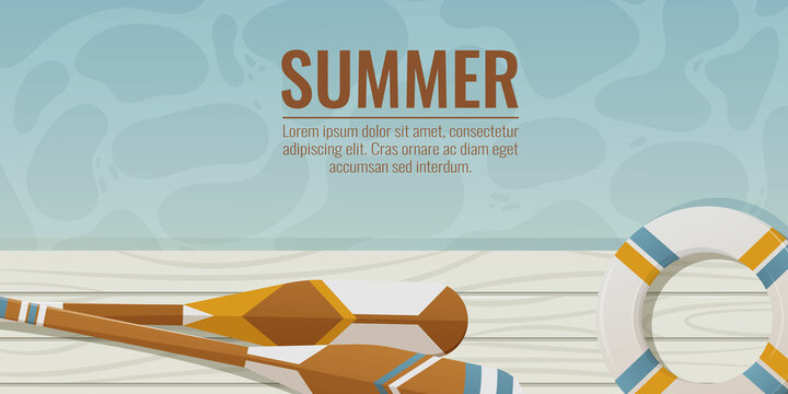 Oars on a wooden pontoon or pier near the water, lifebuoy. Vector illustration in nautical summer style with space for text. Background for banner, flyer, social media, advertisement or website.