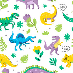 Hand drawn seamless pattern with dinosaurs and tropical leaves and flowers. For kids fabric, textile, nursery wallpaper. Cute dino design. Vector illustration.