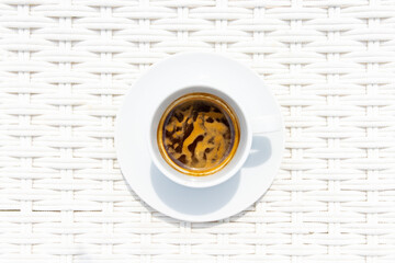 Modern espresso coffee on table, hotel vacation, great design for any purposes. Relaxation concept. Natural aroma drink. Summer background. 