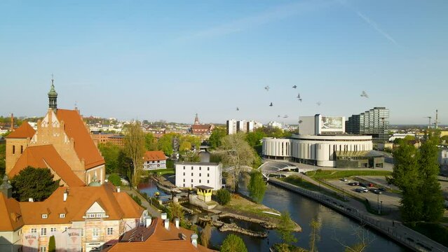 Aerial Bydgoszcz skyline over old town with a view of Opera Nova, river Brda and Silownia dla Ryb