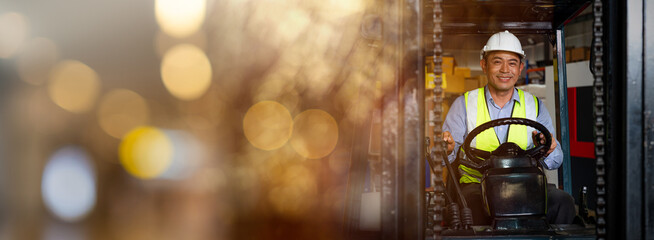 Portrait of man forklift driver in factory, Woman cargo worker work in warehouse, Banner cover design. © kelvn