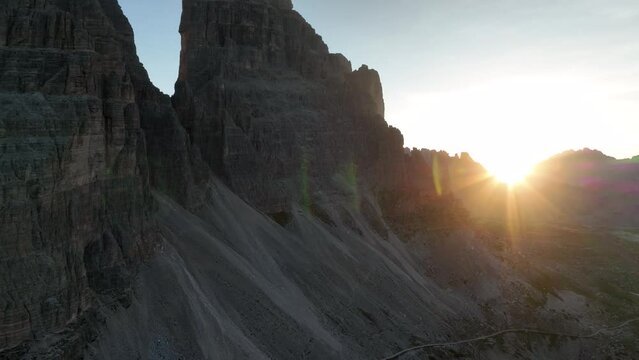 Beautiful sunny day in the Dolomites mountains. View on Tre Cime di Lavaredo - three famous mountain peaks that resemble chimneys.
